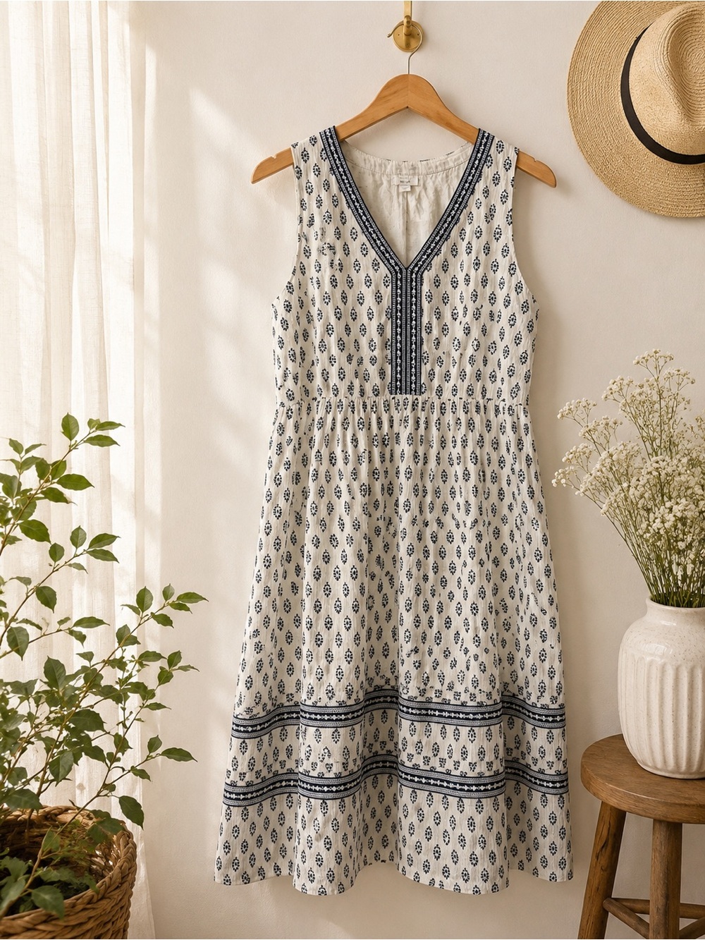 Pure Jill Sleeveless 100% Cotton Dress Small Black White Print NWOT